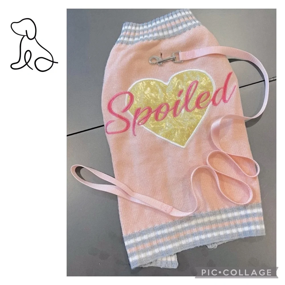 Spoiled Pink Gold Heart Dog Sweater Stripe Trim M/L